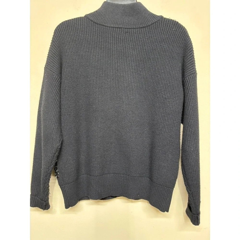 Nine West MEDIUM Sequin Stripe Half‎ Zip Sweater Black Ribbed Knit Classic